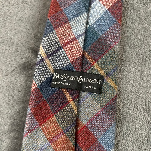 Yves Saint Laurent YSL Tie Wool Blend Plaid Heather Mist Italy Blue Red Mens - Picture 5 of 9