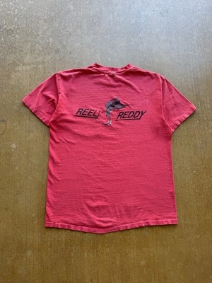 VTG 90s Faded Distressed Reely Reddy Fishing Marlin Fish Pocket Red T-Shirt M