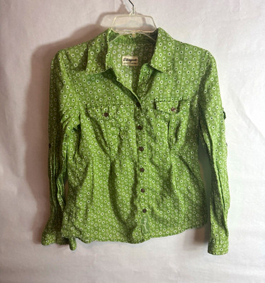Life is good Women s S Green/White Floral Collared Long Sleeve Button-Up Shirt