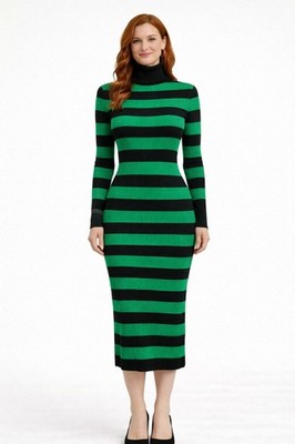 Striped Ribbed Turtleneck Knit Dress
