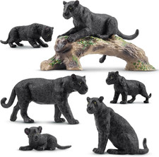 7PCS Black Panthers Figurines with Panther Cub and Tree Trunk, Realistic Jungle