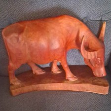 Hand-Carved Wooden Cow Figurine Sculpture on Base Marked 8420