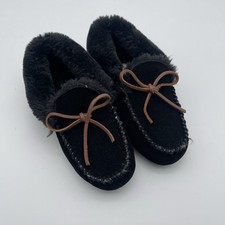Dearfoams Black Genuine Suede Foldover Moccasin With Tie Slippers Women's Size 7