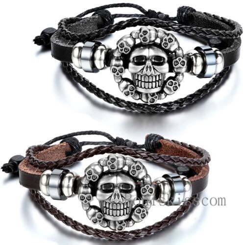 Wristband  Fashion Cool Genuine Leather Bracelet Men Skull Bracelets Cuff Bangle - Picture 1 of 9