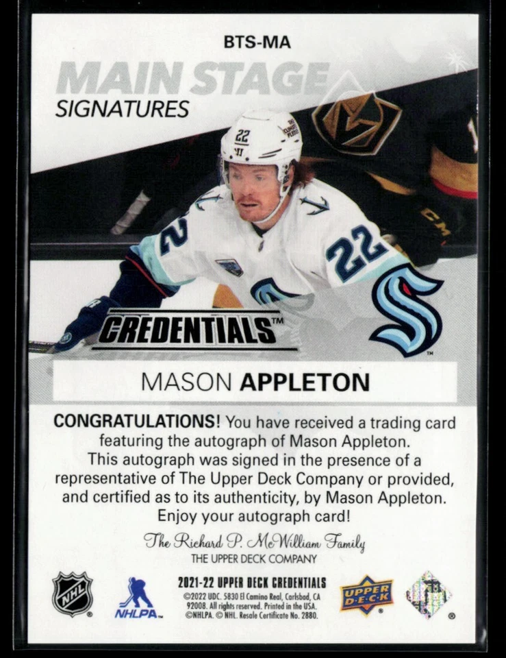 2021-22 Upper Deck Credentials Main Stage Signatures #BTS-MA Mason Appleton - Image 2 of 2