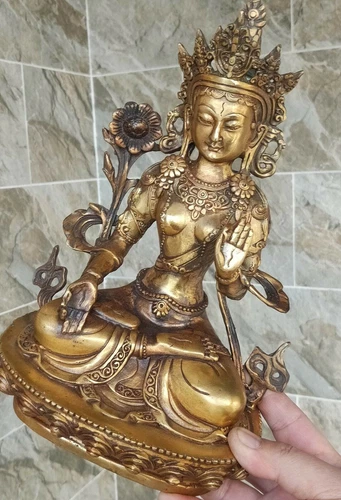 Fine Antique Vajra Tibet Bronze copper/Gilt Buddha White Tara Statues Mascot - Picture 2 of 9