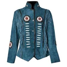 Women Suede Leather American Native Style Jacket Fringed  Beaded - Blue
