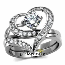 Women's 1.2 Ct Round Cut Cz 2 Piece Heart Shape Stainless Steel Wedding Ring Set