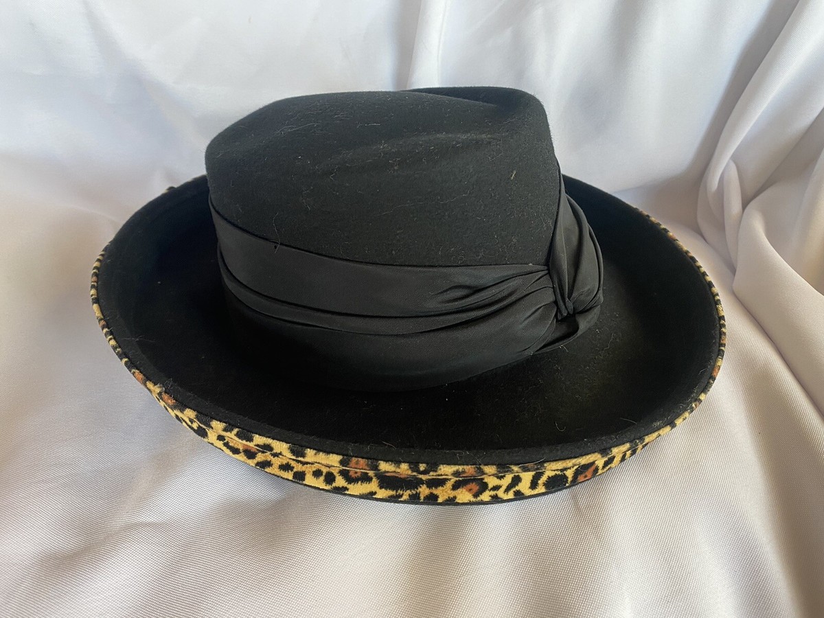 VTG Whittall & Shon Black Wool Hat Leopard Print Accent 