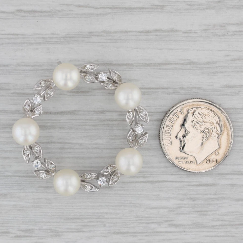 Broche colgante corona diamante 0,35 quilates perlas cultivadas vintage oro blanco 14 k prendedor Foto 4 de 4