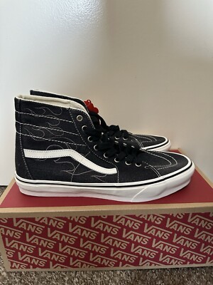 NEW Vans SK-8 Hi Tapered Black Denim Flames white stitching & grey flame outline