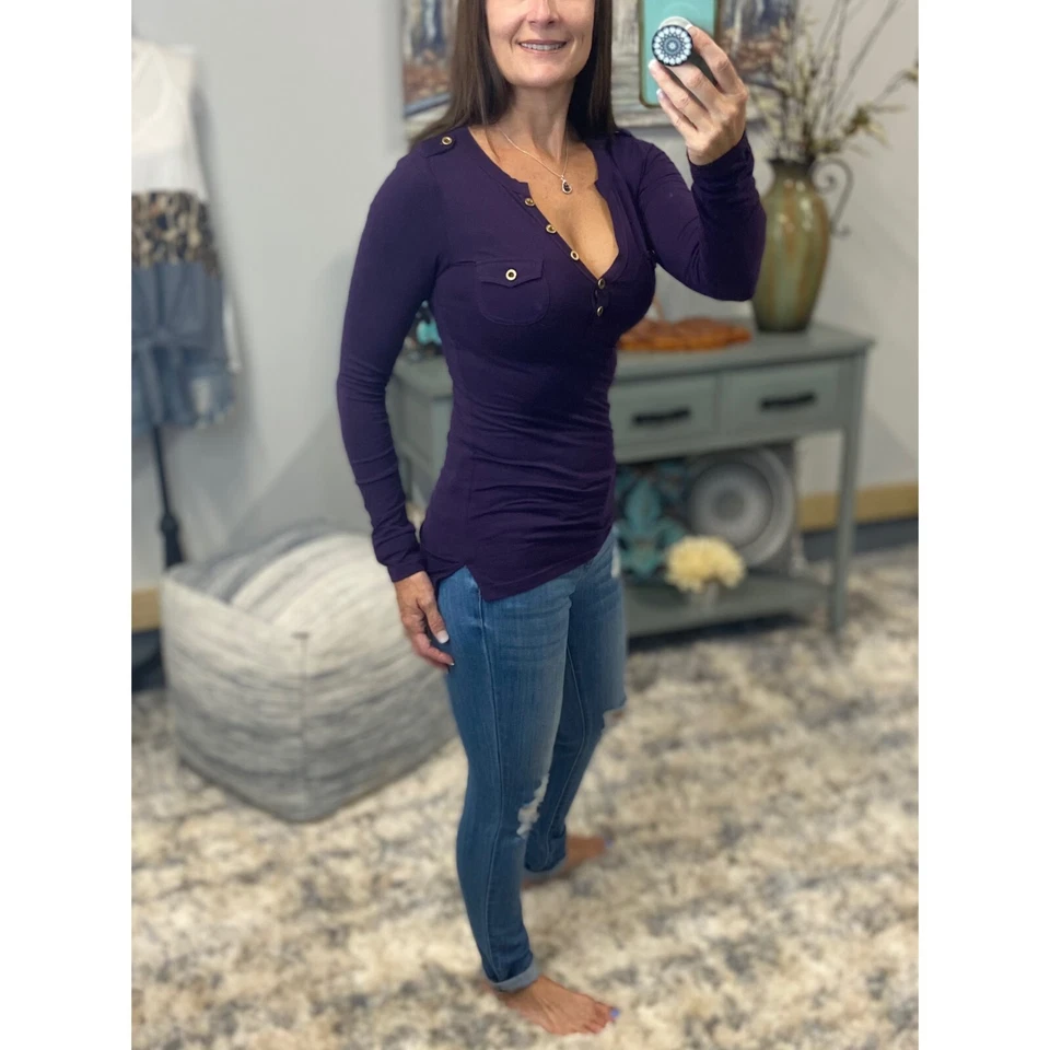 Sexy Long Sleeve Deep V Neck Plunge Cleavage Military Henley Pocket Top Purple - Image 2 of 4