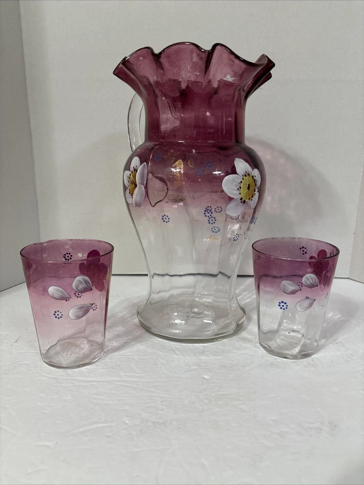 Antique Victorian Ruby Flash Glass Pitcher and 2 Matching Glasses Hand Painted - Image 3 of 4