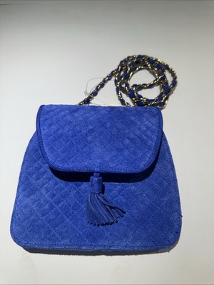 Talbots Blue Suede Quilted Crossbody Bag Gold Chain Strap Tassel Purse
