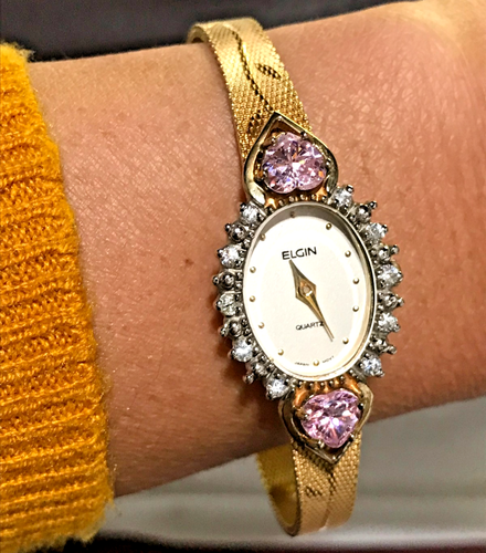 Vintage Elgin Quartz Cubic Zirconia & Pink Topaz Gold Plated Ladies Watch Works - Picture 6 of 20