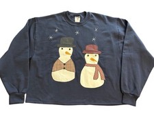 Vintage Jerzees Sweatshirt Crewneck VTG Size Large Navy Blue Embroidered Snowman