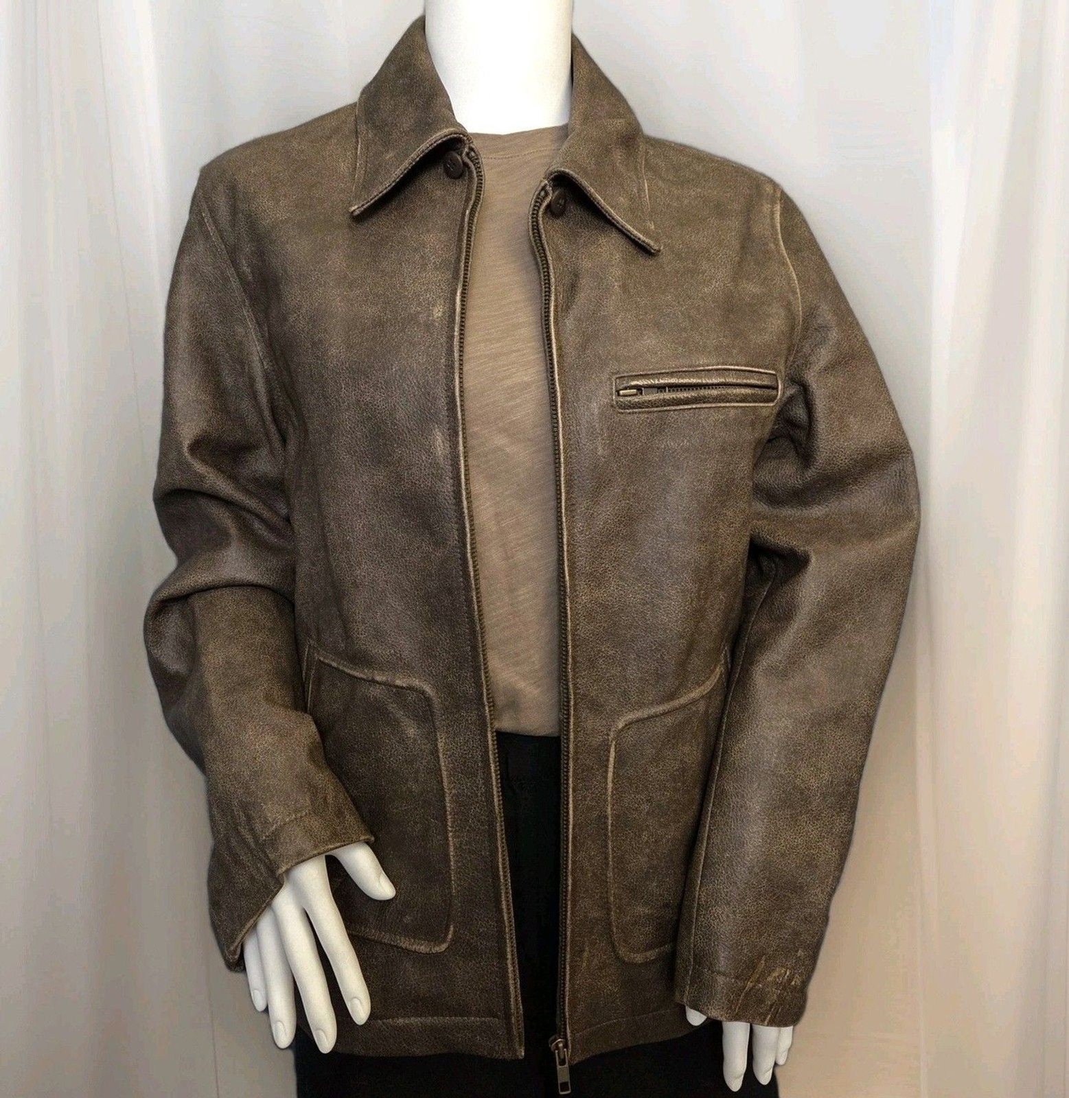 RARE LL BEAN Leather Aviator Jacket Womens PetiteM Brown Removable Sherpa Collar image 2