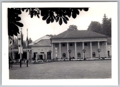 Vtg B&W Snapshot Grand Classical Building Columns Flags People Outdoors 1950s