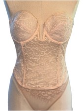 Vtg Bustier Set Cabernet Daisy Lace Garter Loops Thong Apricot Nude Pink 34B S