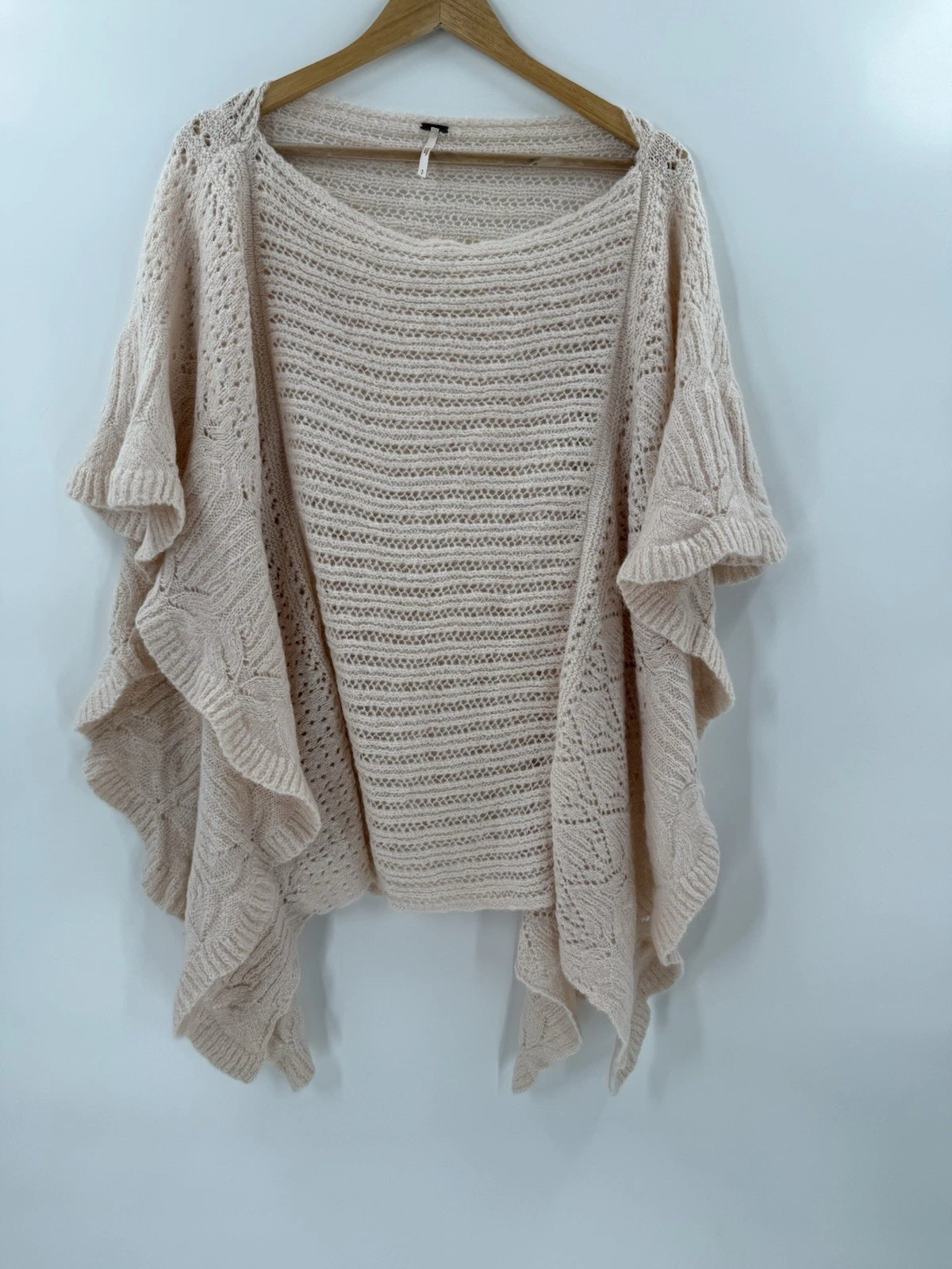 Free People Snow Nymph Cape Poncho Pointelle Crochet Sweater Pink Asymmetrical S