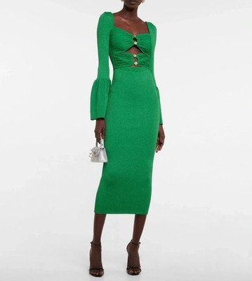 Self Portrait Lurex Knit Cut Out Midi Dress Long Bell SleeveGreen Size XL