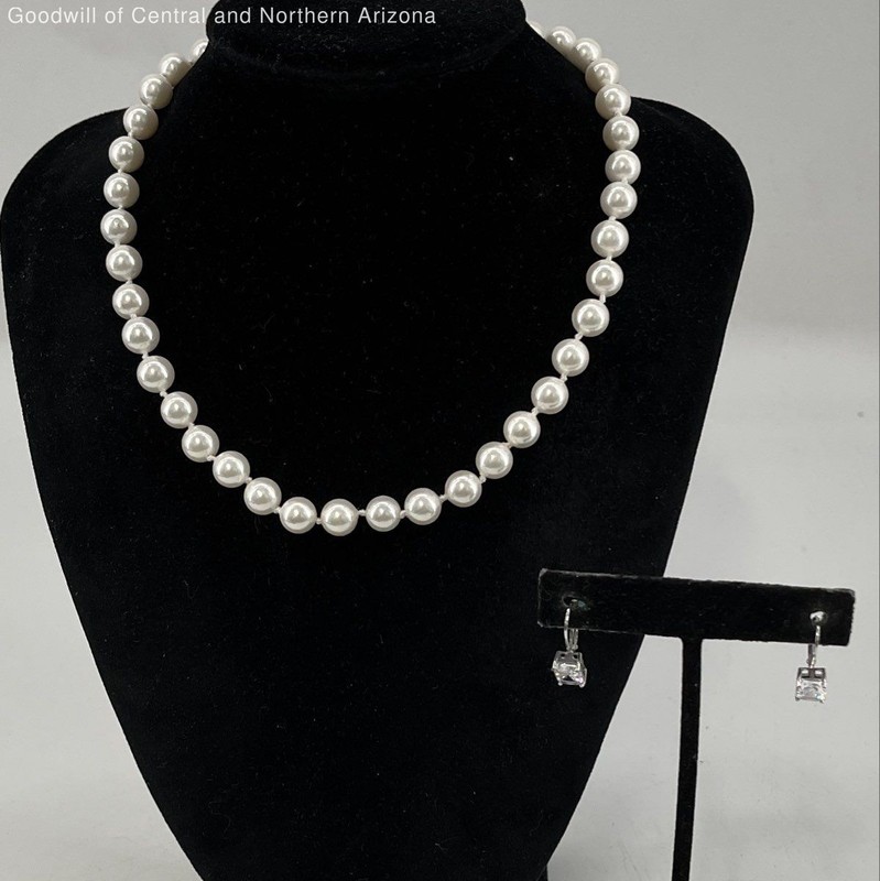 925 Sterling Silver Cz Earrings w/Faux Pearl Necklace I.O.B 34.7g