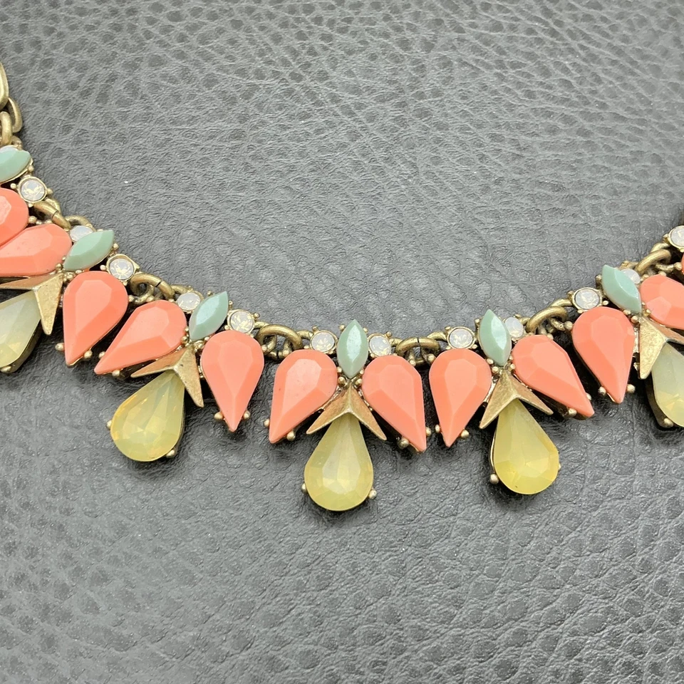 J.Crew Statement Bib Necklace Coral Mint Yellow Teardrop Stones Gold Tone Drops - Image 3 of 4