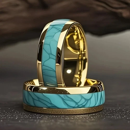 Stainless Steel Ring Turquoise Inlay Gold Color Round Wedding Band Men Jewelry