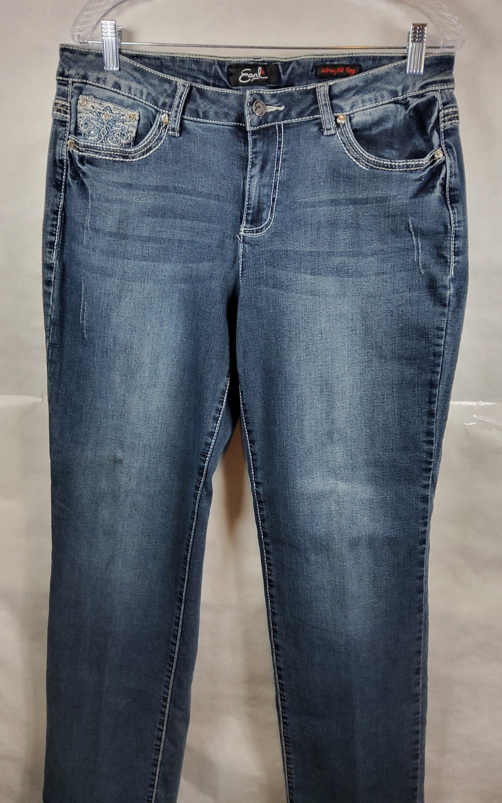 Earl Jeans Women's Straight Leg Stretch Denim Size 14 Embroidered Rhinestones