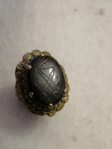 Antique Rare ,Bronze  Occult  Devil's Sign Ring With Black Onyx Stone US- 8,0