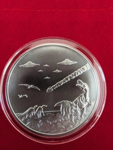 UFO Over Dinosaur Asteroid Impact 1 Ozt .999 Fine Silver Round