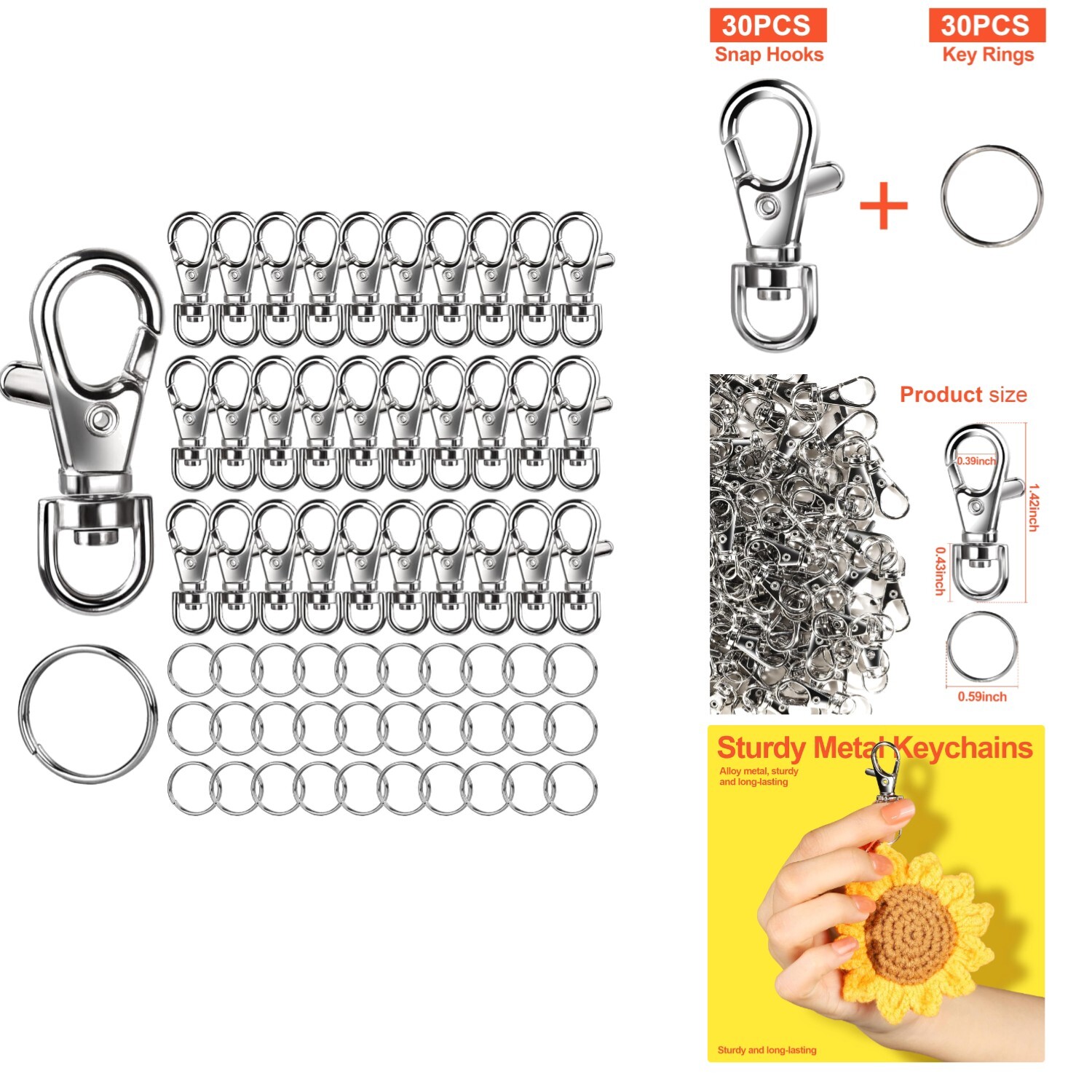 60PCS Zinc Alloy Snap Hooks & O Rings for DIY Crafts Jewelry Making