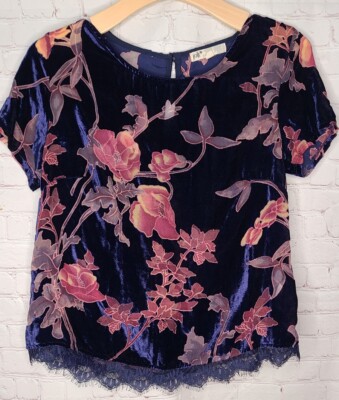 Vtg 90's Jolt Blue Velvet Sheer Lace Floral Goth Grunge Fairy Burnout Top Size S