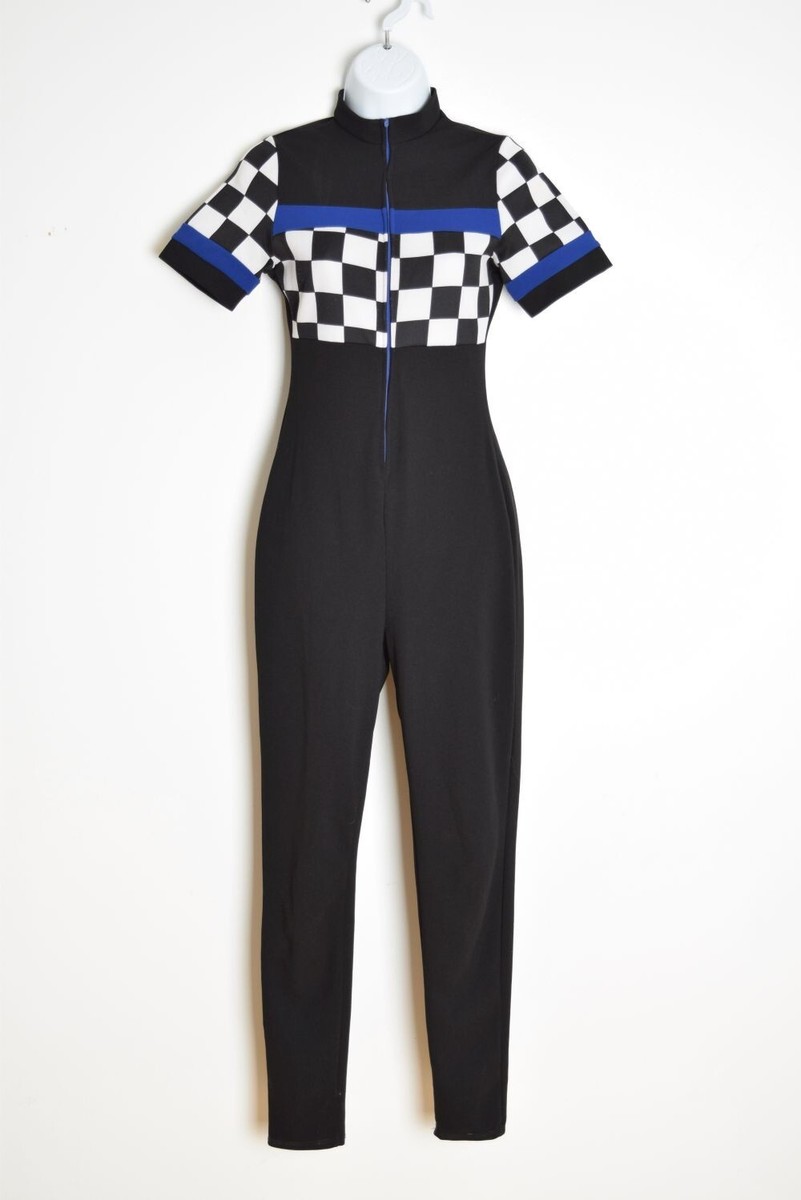 vintage y2k jumpsuit black checkerboard race print one piece outfit  playsuit XS