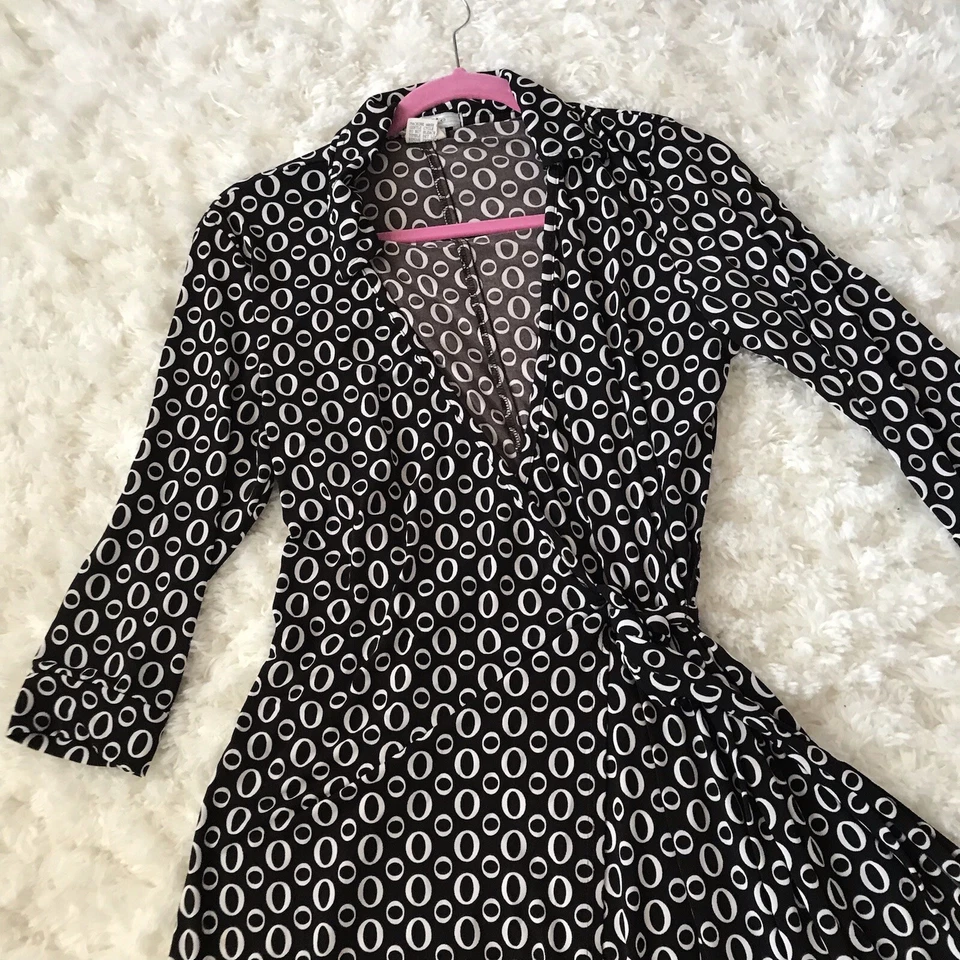 Vintage 90s La Belle Dress Womens Large Wrap Brown White Retro 70s Geometric Mod - Image 2 of 4