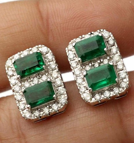 5.00ct Diamante Redondo Natural 14K Oro Blanco Esmeralda Tuerca Bodas Pendiente - Imagen 4 de 5