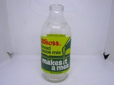 Vintage glass 1pt milk bottle with printed advertising -1980's Knorr bread sauce