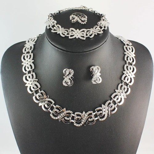 Crystal Jewelry Sets Gold Silver Necklace Earring Ring Bracelet African Beads - Picture 2 of 8