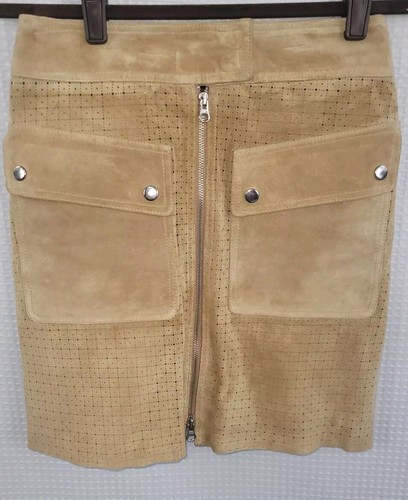 Margaret Godfrey Tan Suede Perforated Two Way Front Zipper Big Pocket Skirt Size - 第 1/9 張圖片