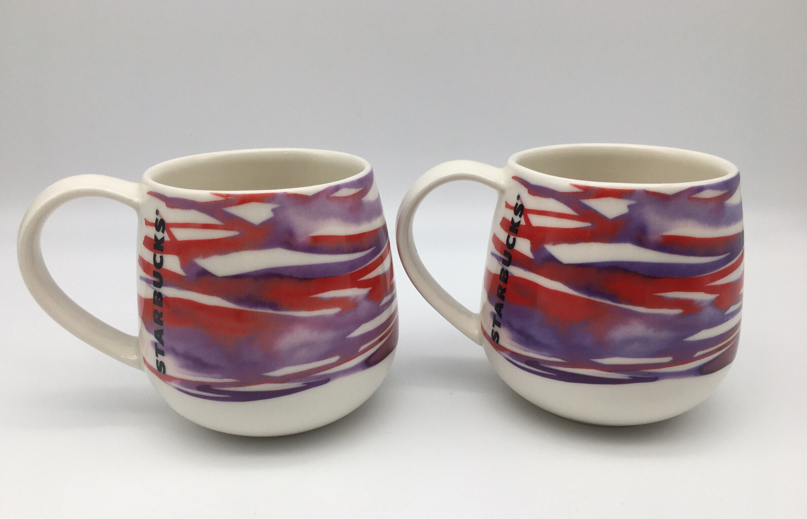 Starbucks 2016 Watercolor Coffee Mugs Ceramic 12oz Red Purple Abstract Set Of 2
