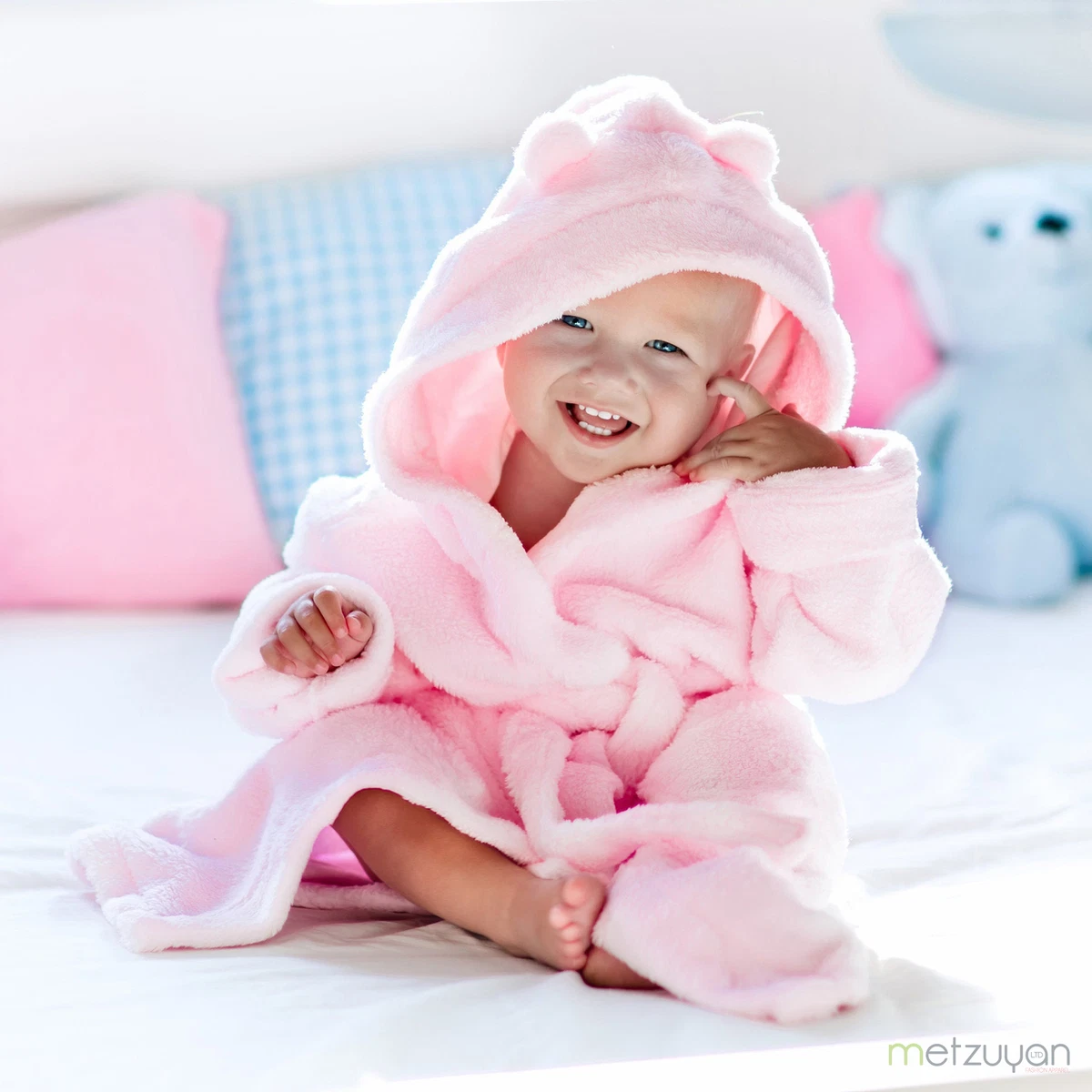 Baby Girls Robe Pink Hooded Dressing Gown Cute Soft Fleece Nightwear Bath Robes
