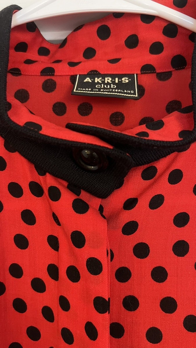 Akris Club Red Black Polka Dot Long Sleeve Button Shirt Blouse Top
