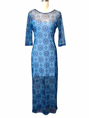 VTG 90 s Street Code Mesh Maxi Dress Blue Mandala Sheer Boho Retro Women s Sz L