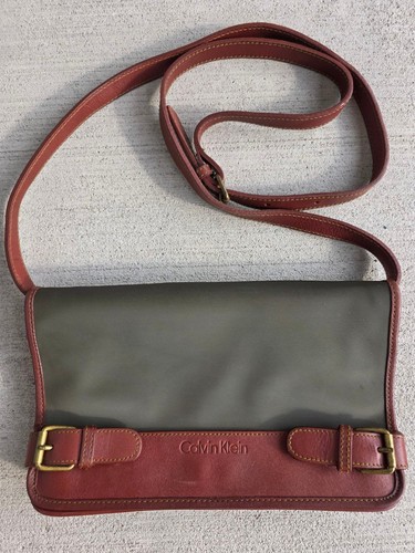 Vintage Calvin Klein Crossbody Bag – Olive Canvas & Brown Leather Trim – Adjusta