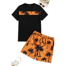 Men 2-Piece Set Summer Outfit Short Sleeve Sweatshirt T Shirts and Shorts Suits