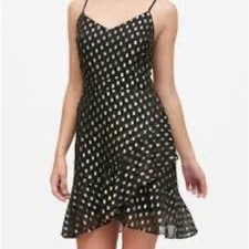 Banana Republic Strappy Ruffle Metallic Dot Mini Dress in Black & Gold Size 6
