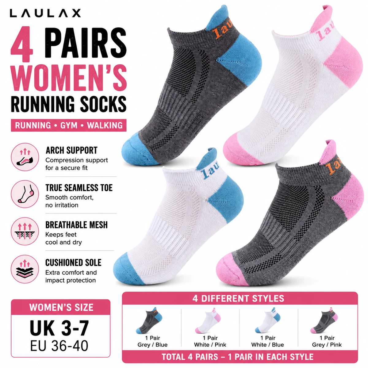 4 pares de calcetines deportivos acolchados con soporte para el arco para mujer Reino Unido 3-7