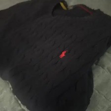 Polo Knit Sweater, Navy U-Neck, Size 176