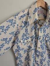 Vintage 70s H Bar C Ranchwear Long Tail Pearl Snap Shirt 44" Chest Blue Floral