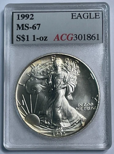 1992 $1 American Silver Eagle 1oz .999 Fine Silver Coin in Accugrade Holder